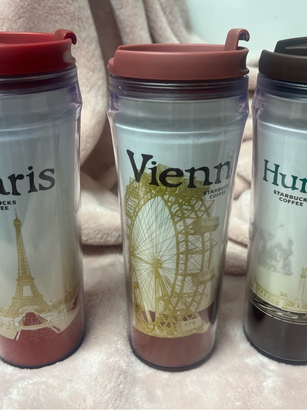 Starbucks 3  Travel Tumblers for 3 EU cities:
Paris, Vienna and Hungary.
.